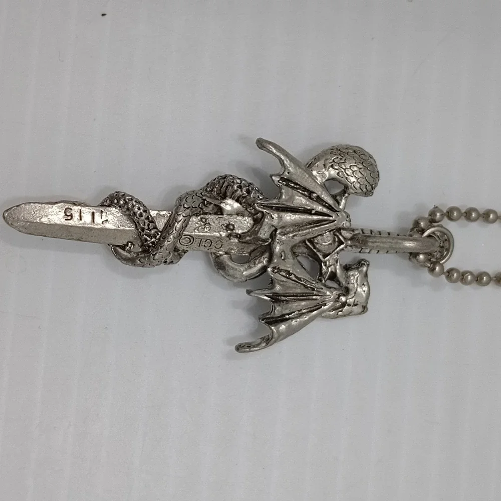 CCI Dragon Sword Pendant Necklace Gothic Fantasy Silver Tone 2 1/2 Inch